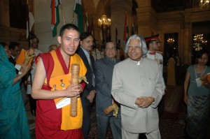The PRESIDENT and Lama coming out after the Investiture Ceremony at Rashtrapati Bavan