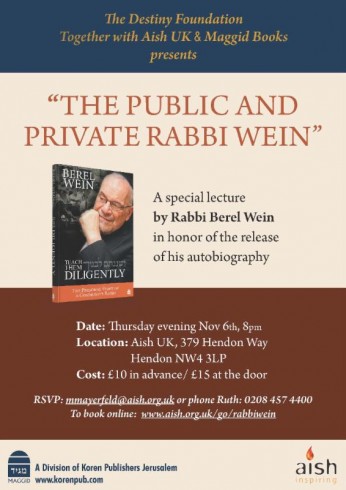 RABBI WEIN IN LONDON - NOV 6TH - 8 PM - BOOK SIGNING - RESERVE NOW